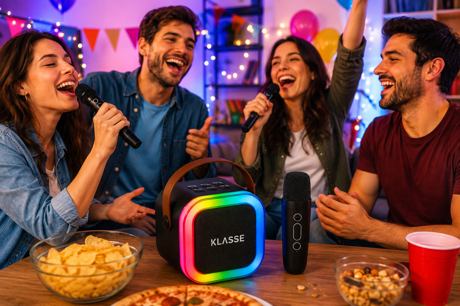 PARLANTE INALÁMBRICO BLUETOOTH KLASSE KS9002 CON LED RGB + 2 MICRÓFONOS KARAOKE