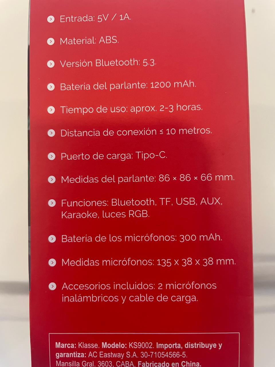 PARLANTE INALÁMBRICO BLUETOOTH KLASSE KS9002 CON LED RGB + 2 MICRÓFONOS KARAOKE - Imagen 4
